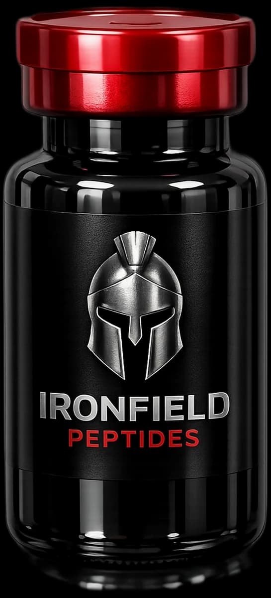 An Ironfield Peptides black glass vial with a red cap and the Spartan helmet mark on the label.