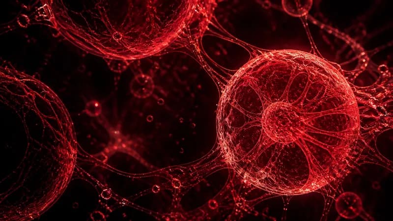 An abstract render of glowing crimson cellular structures against black.