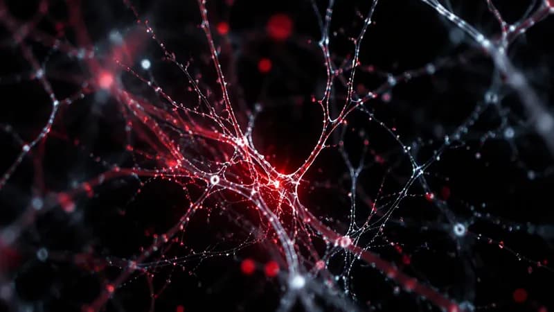 An abstract network of fine glowing crimson and white filaments branching through darkness.