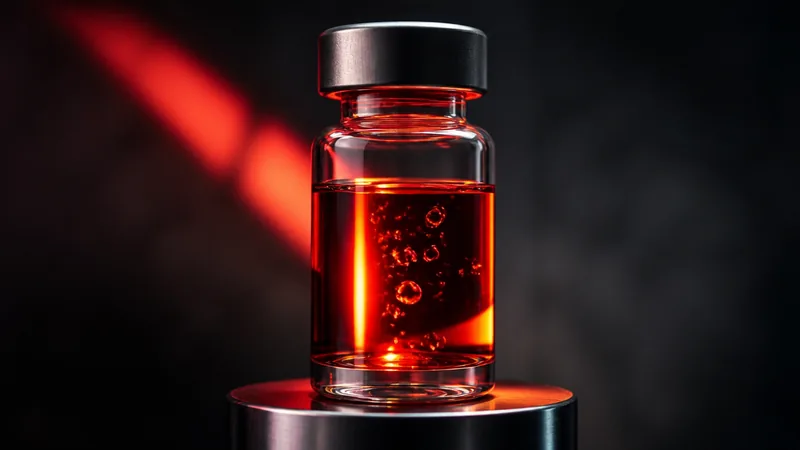A clear laboratory vial of amber liquid lit from behind by a warm crimson beam.