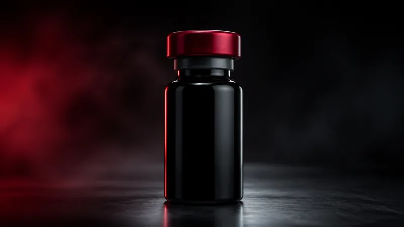 A sealed black glass laboratory vial with a crimson cap on a dark steel surface.