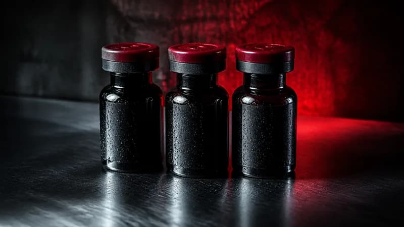 Three sealed black glass vials with crimson caps in a row under raking studio light.