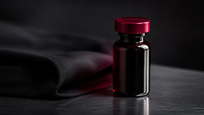 A black glass vial with a crimson cap resting on dark steel beside folded cloth.