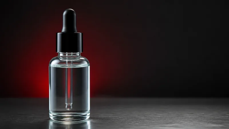 A sealed clear dropper bottle of colourless liquid on dark steel with a soft crimson gradient behind.